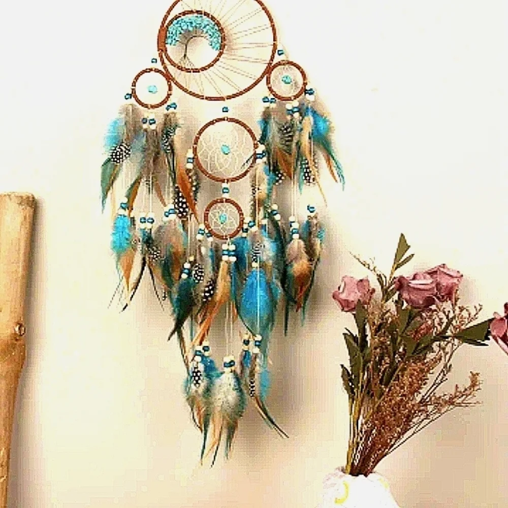 Indian Ojo Dreamcatcher Turquoise Stone Beaded Leather Tree of Life Oho Decor